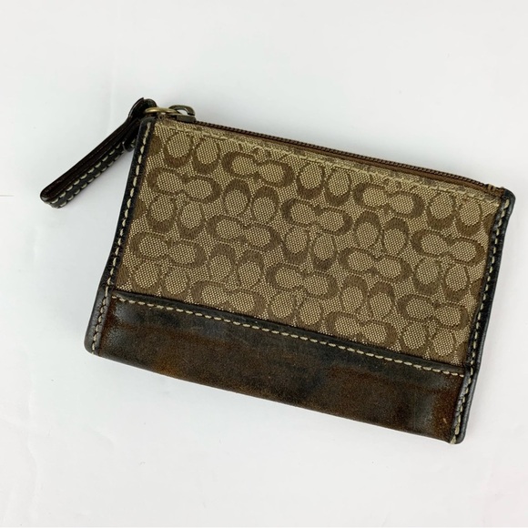 Coach Signature Wallet Coin Brown Canvas Bag Charm Keychain Card - Picture 2 of 3